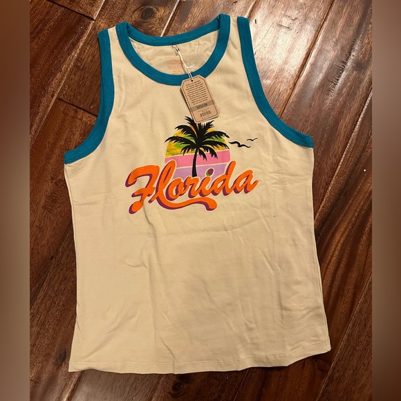 NATURAL LIFE Tops - NATURAL LIFE Cream Tank Top with Teal Trim and Florida Graphic